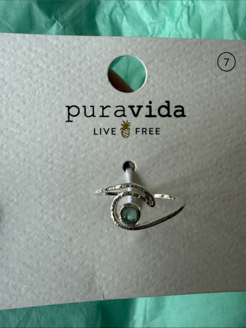 Pura Vida Sterling Silver Swirl Ring with Apatite Stone Size 7